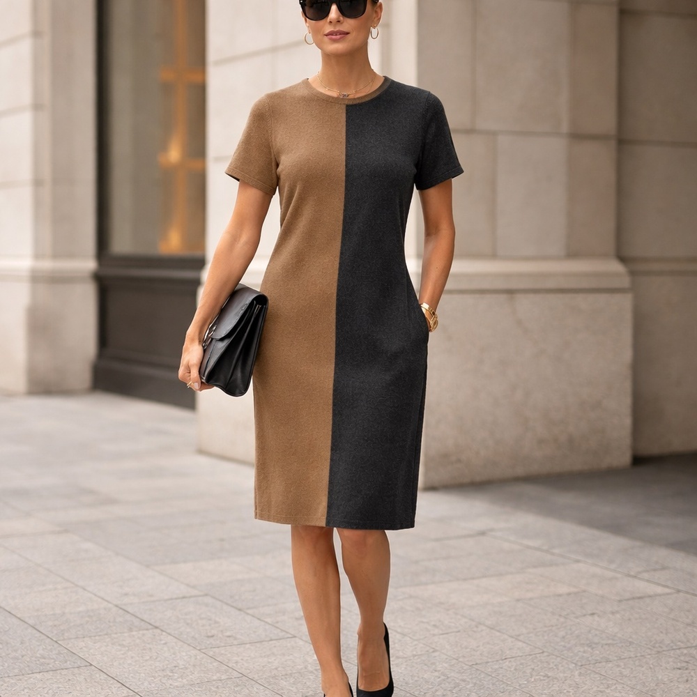 Premise CASHMERE dress S brown/black knit short sleeve luxury old money office